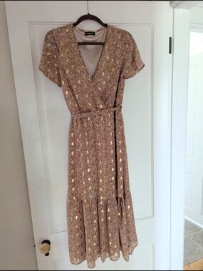 Floral Wrap Midi Dress in Blush with Gold Accent